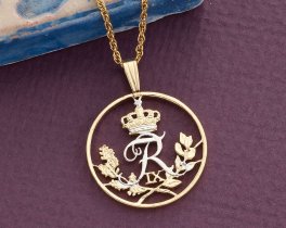 Denmark Jewelry Pendant and Necklace. Denmark 25 Ore Coin Hand Cut, 14 Karat Gold and Rhodium Plated, 7/8 " in Diameter, ( #R 84 )