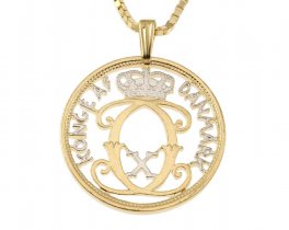 Denmark Pendant and Necklace Jewelry, Denmark Five Ore coin Hand cut, 14 Karat Gold and Rhodium Plated, 1" in Diameter, ( #X 81 )