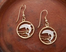 Dolphin Earrings, Russia 50 Ruble Dolphin Coin Hand Cut, 14 Karat Gold and Rhodium plated, 14 K G/F Wires, 3/4" in Diameter, ( # 505Be )