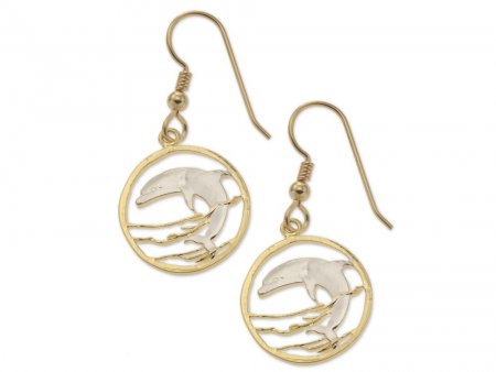 Dolphin Earrings, Russia 50 Ruble Dolphin Coin Hand Cut, 14 Karat Gold and Rhodium plated, 14 K G/F Wires, 3/4" in Diameter, ( # 505Be )
