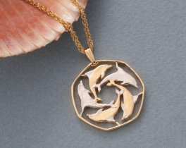 Dolphin Pendant and Necklace Jewelry, Gibraltar Dolphin Coin Hand Cut, 14 Karat Gold and Rhodium Plated, 1 1/8 " in Diameter, ( #R 124 )