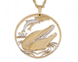 Dolphin Pendant and Necklace Jewelry, Gibralter Dolphin Coin Hand Cut, 14 Karat Gold and Rhodium Plated, 1 1/8 " in Diameter, ( #R 548 )