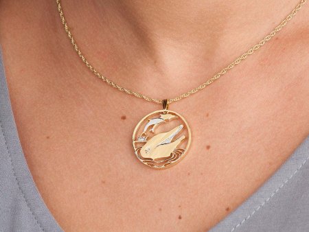 Dolphin Pendant and Necklace Jewelry, Gibralter Dolphin Coin Hand Cut, 14 Karat Gold and Rhodium Plated, 1 1/8 " in Diameter, ( #R 548 )