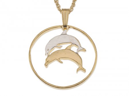 Dolphin Pendant and Necklace Jewelry, Iceland Dolphin Coin Hand Cut, 14 Karat Gold and Rhodium Plated, 7/8 " in Diameter ( #R 176 )