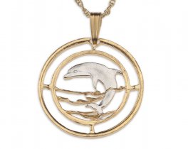 Dolphin Pendant and Necklace, Russian 50 Ruble Dolphin Coin Hand Cut, 14 Karat Gold and Rhodium plated, 1" in Diameter, ( #R 505 )