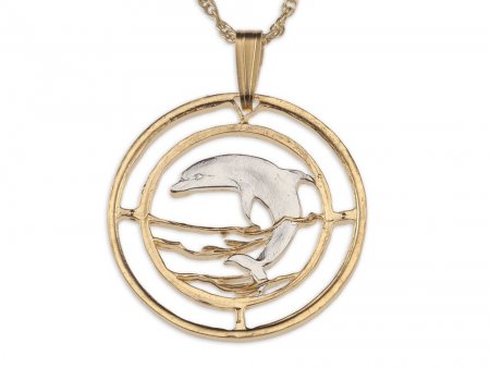 Dolphin Pendant and Necklace, Russian 50 Ruble Dolphin Coin Hand Cut, 14 Karat Gold and Rhodium plated, 1" in Diameter, ( #R 505 )