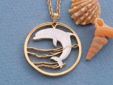 Dolphin Pendant and Necklace, Russian One Ruble Dolphin Coin hand Cut, 14 Karat Gold and Rhodium plated, 1 1/4" in Diameter, ( #R 495 )