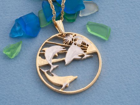Dolphins Pendant and Necklace, Maui Dolphins Trade Dollar Hand Cut, 14 Karat Gold and Rhodium Plated, 1 1/2" in Diameter, ( #R 850 )