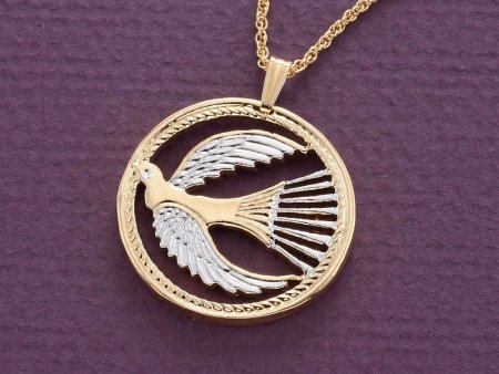 Dove of Peace Pendant and Necklace Jewelry, Peace Dove Medallion hand Cut, 14 Karat Gold and Rhodium Plated, 1 1/8 " in Diameter, ( #R 760 )