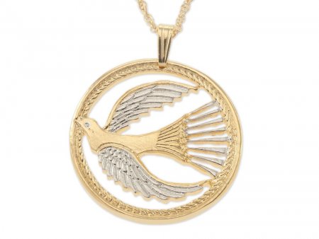 Dove of Peace Pendant and Necklace Jewelry, Peace Dove Medallion hand Cut, 14 Karat Gold and Rhodium Plated, 1 1/8 " in Diameter, ( #R 760 )
