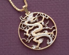 Dragon Pendant and Necklace Jewelry, Chinese Dragon Coin Hand Cut, 14 Karat Gold and Rhodium Plated, 1 1/8 " in Diameter, ( #X 460 )