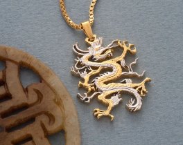 Dragon Pendant and Necklace Jewelry, Chinese Dragon Coin hand Cut, 14 Karat Gold and Rhodium Plated , 1 1/8" in Diameter, ( #X 497 )