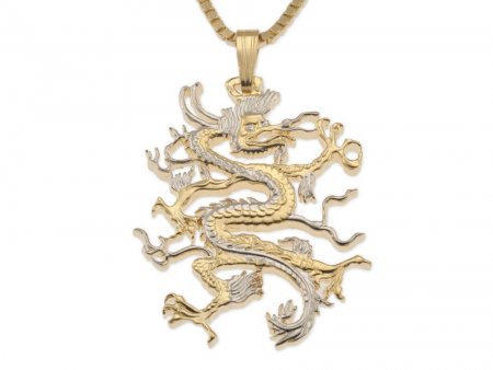 Dragon Pendant and Necklace Jewelry, Chinese Dragon Coin hand Cut, 14 Karat Gold and Rhodium Plated , 1 1/8" in Diameter, ( #X 497 )
