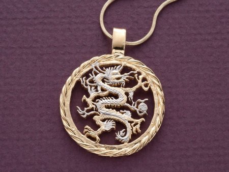 Dragon pendant and Necklace Jewelry, Liberia 5 Dollar Dragon Coin hand Cut, 14 K and Rhodium Plated, 1 1/8 " in Diameter, ( #K 717 )