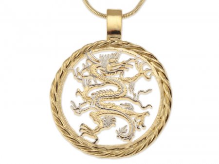 Dragon pendant and Necklace Jewelry, Liberia 5 Dollar Dragon Coin hand Cut, 14 K and Rhodium Plated, 1 1/8 " in Diameter, ( #K 717 )