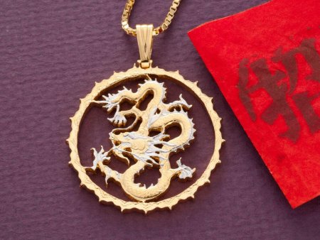 Dragon Pendant and Necklace Jewelry, Sierra Leon Dragon Coin Hand Cut , 14 Karat Gold and Rhodium Plated, 1 1/4 " In Diameter, ( #X 706 )
