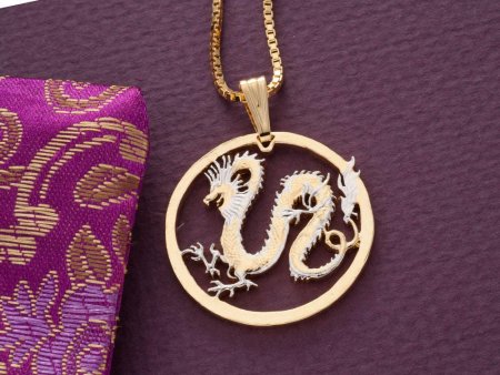 Dragon Pendant and Necklace Jewelry, Somalia Dragon Coin hand Cut, 14 Karat Gold and Rhodium plated, 1 /4 " in Diameter, ( #X 708 )