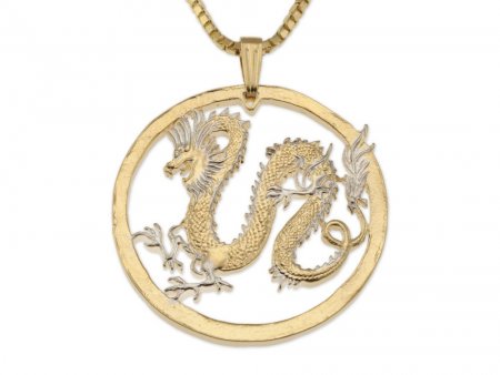 Dragon Pendant and Necklace Jewelry, Somalia Dragon Coin hand Cut, 14 Karat Gold and Rhodium plated, 1 /4 " in Diameter, ( #X 708 )