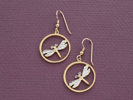 Dragonfly Earrings, Hand Cut Dragonfly Medallion,14 Karat Gold and Rhodium plated,14 K Gold Filled Ear Wires, 7/8" in Diameter, ( # 890BE )