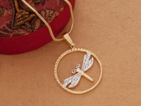 Dragonfly Pendant and Necklace, Dragonfly Medallion Hand Cut, 14 Karat Gold and Rhodium Plated, 7/8" in Diameter, ( #K 890B )