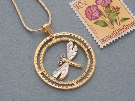Dragonfly Pendant and Necklace, Hand Cut Dragonfly Medallion, 14 Karat and Rhodium Plated, 1 1/8" in Diameter, ( #K 890 )