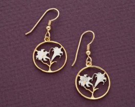 Easter Lily Coin Earrings, Bermuda Ten Cents Easter Lily Coin Hand Cut, 14 Karat Gold and Rhodium Plated, 3/4" in Diameter, ( # 35E )