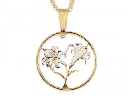 Easter Lily Pendant and Necklace, Bermuda 10 cents Coin Hand Cut, 14 Karat Gold and Rhodium Plated .75" in Diameter, ( #R 35 )