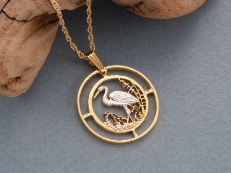 Egret Pendant & Necklace, Russia 50 Rubles Coin Hand Cut, 14 Karat Gold and Rhodium Plated, 1" in Diameter , ( #R 804 )