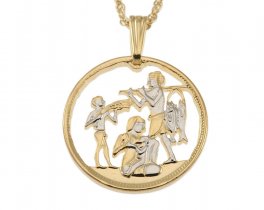 Egyptian Jewelry Pendant and Necklace, Egypt 10 Mils coin hand cut, 14 Karat Gold and Rhodium plated, 7/8 " in Diameter ( # K90 )