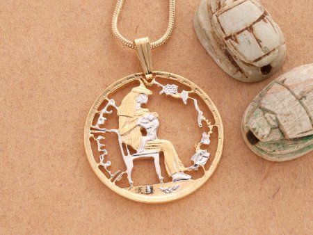 Egyptian Jewelry Pendant and Necklace, Egypt Five Piastres Coin hand Cut, 14 Karat Gold and Rhodium plated, 1" in Diameter, ( #K 92 )