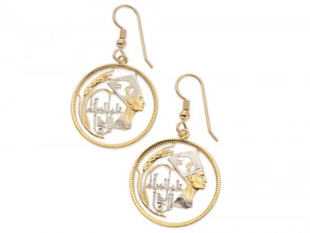 Egyptian Nefertiti Earrings, Egyptian Five Piastres Coin Hand Cut, 14 Karat Gold and Rhodium plated, 1" in Diameter, ( # 91E )