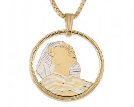 Egyptian Sphinx Pendant and Necklace, Egyptian 10 Piastres Coin Hand Cut, 14 Karat Gold and Rhodium Plated, 1" in Diameter, ( #X94 )