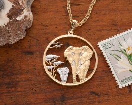 Elephant Pendant, African Wild Life Jewelry, Hand Cut Elephant Coin Pendant, Elephant Jewelry ,1 1/8" in Diameter, ( #R 945 )