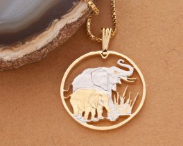 Elephant Pendant & Necklace, Zambia Coin Hand Cut African Wildlife, ( #X 895 )