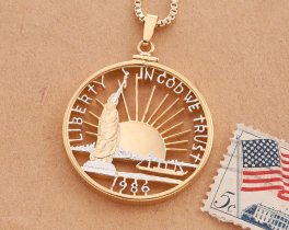 Ellis Island Pendant, hand cut 1986 United States half dollar, Patriotic Jewelry, United States Coin Jewelry, 1 1/4" diameter, ( #x SLW )