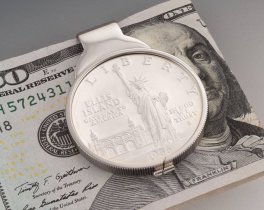 Ellis Island Silver Dollar Money Clip, 1986 United States Silver Dollar Money Clip, Silver Dollar Money Clip, 1 1/2" in Diameter,( # EISUM )