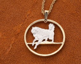 Eskimo Dog ( Husky ) Pendant and Necklace, Dog Jewelry, Canada 50 cents Hand Cut Coin, 14 Karat Gold and Rhodium plated, ( #R 616 )