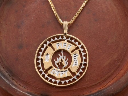 Fireman's Maltese Cross Pendant and Necklace, Hand Cut Fireman's Medallion, 14 K Gold and Rhodium Plated, 1 1/8" in Diameter, ( #X 851 )