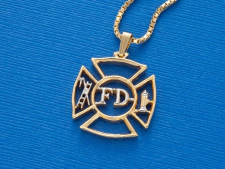 Firemen's Maltese Cross Pendant and Necklace,  14 K Gold and Rhodium Plated, 1 1/8" in Diameter. ( #X 630 )