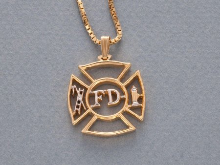Firemen's Maltese Cross Pendant and Necklace,  14 K Gold and Rhodium Plated, 1 1/8" in Diameter. ( #X 630 )