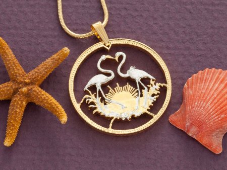 Flamingo Pendant and Necklace, Hand Cut Bahamas 50 Dollar Coin, Flamingo Jewelry, 1 1/8" in Diameter, ( # K506 )