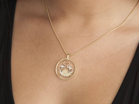 Flamingo Pendant and Necklace, Hand Cut Bahamas 50 Dollar Coin, Flamingo Jewelry, 1 1/8" in Diameter, ( # K506 )