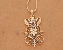 Flower and Wheat Pendant and Necklace Hand Cut, 14 Karat Gold and Rhodium Plated, 1 5/8th" Diameter, ( #K 612 )