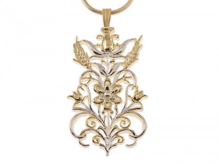 Flower and Wheat Pendant and Necklace Hand Cut, 14 Karat Gold and Rhodium Plated, 1 5/8th" Diameter, ( #K 612 )