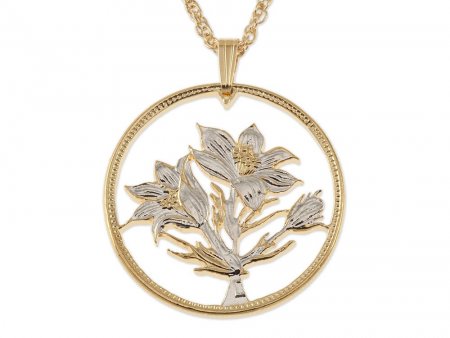 Flower Pendant and Necklace, Canada One Dollar Hand Cut, 14 Karat Gold and Rhodium Plated, 1 1/4 " in Diameter, ( #R 580 )
