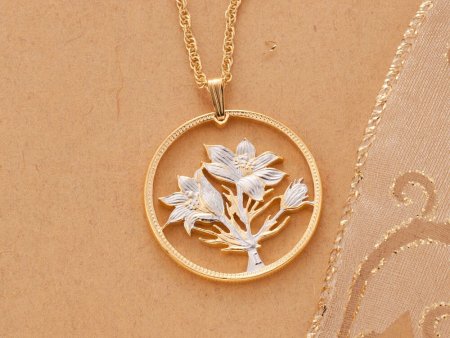Flower Pendant and Necklace, Canada One Dollar Hand Cut, 14 Karat Gold and Rhodium Plated, 1 1/4 " in Diameter, ( #R 580 )