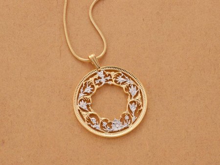 Flower Pendant and Necklace, India One Rupee Coin Hand Cut, 14 Karat Gold and Rhodium plated, 1 1/8" in Diameter, ( #K 569 )