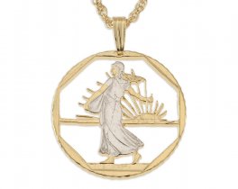French Coin Pendant and Necklace, France 2 Frank Coin Hand Cut, 14 Karat Gold and Rhodium Plated, 1" in Diameter ( #R 108 )
