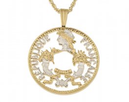 French Coin Pendant and Necklace, France Five Cents Coin Hand Cut, 14 Karat Gold and Rhodium Plated, 7/8" in Diameter, ( #R 798 )