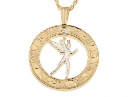French Coin Pendant and Necklace, French 10 Frank Coin Hand Cut, 14 Karat Gold and Rhodium Plated, 7/8" in Diameter, ( #R 107 )